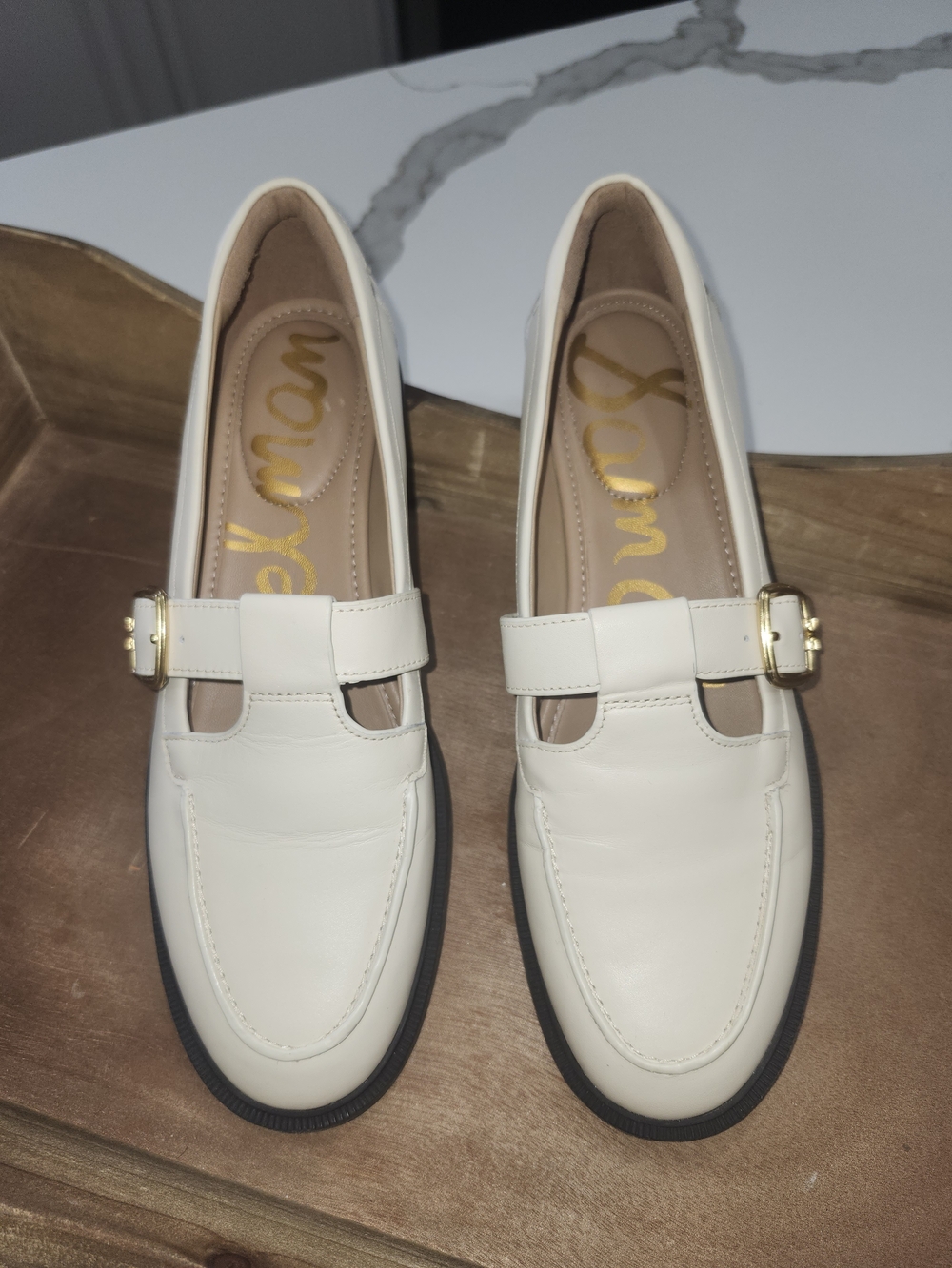 Sam Edelman Elaina Mary Jane Loafers Cream Leather T-Strap Gold Buckle Women's 8 - Picture 2 of 9